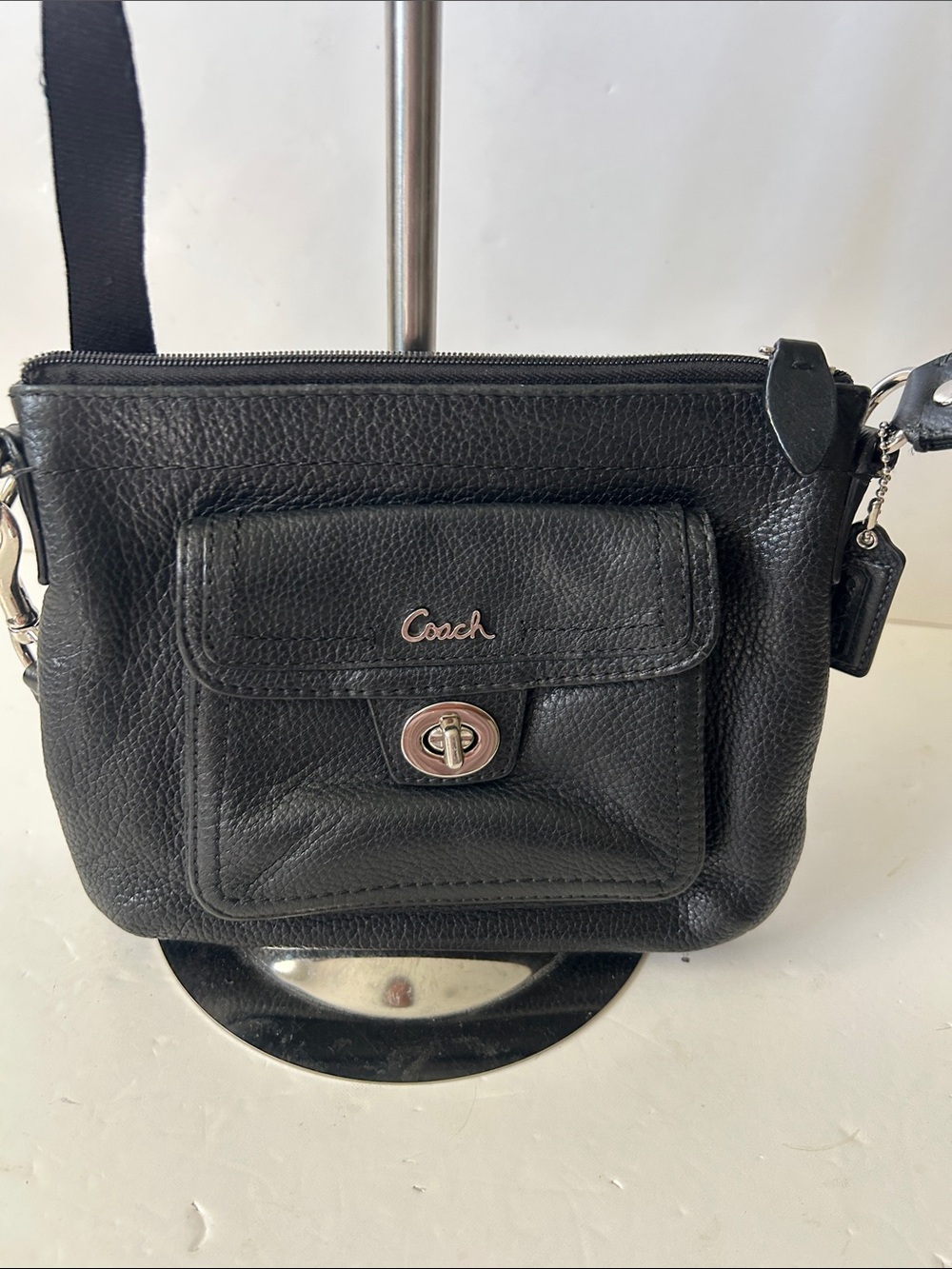 Vintage Y2K Coach Black Pebbled Leather Crossbody Bag with Silver Tone Hardware